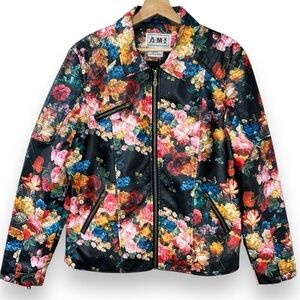 Floral Faux Leather Jacket Womens L Biker Paradise AMI Vegan Moto Whimsigoth Art